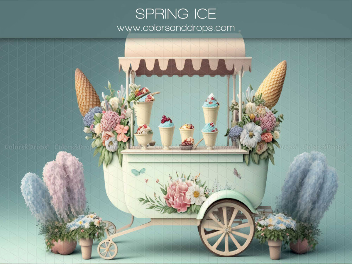 Photo backdrop Spring Ice – flowery ice cream cart with giant cones | Colors&Drops
