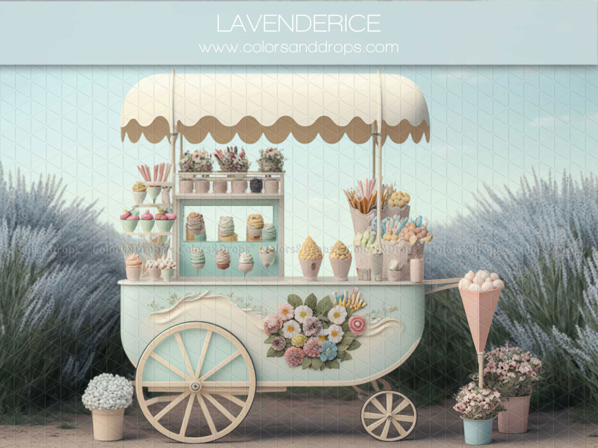 Spring photo backdrop Lavender Ice – ice cream cart with lavender and flowers | Colors&Drops