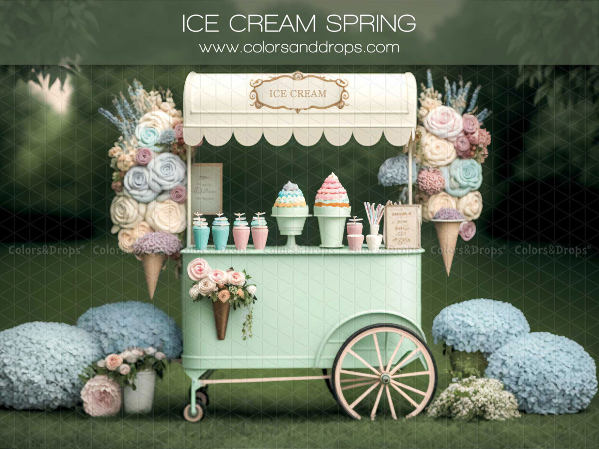 Easter photo backdrop Ice Cream Spring – flowery ice cream cart in a garden with hydrangeas | Colors&Drops