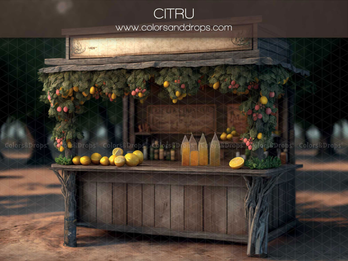 Spring photo backdrop Citru – wooden lemonade stand with lemons and flowers | Colors&Drops