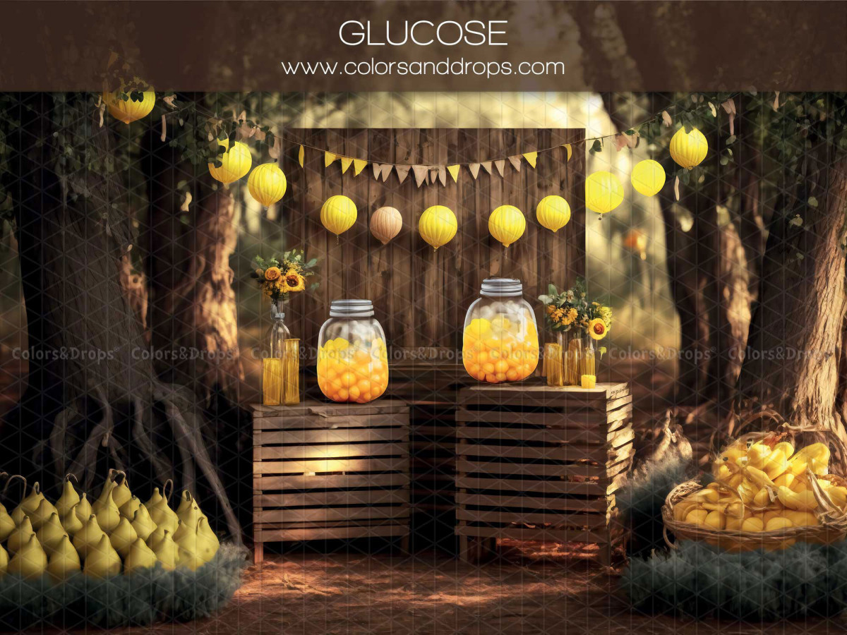 Fondo fotográfico de primavera Glucose – puesto de limones en el bosque con tarros y banderines | Colors&Drops
