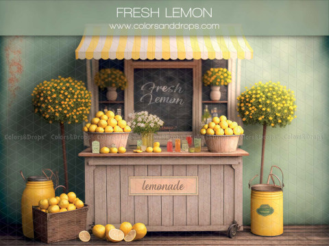 Fond photo de printemps Fresh Lemon – stand de limonade avec auvent rayé et citronniers | Colors&Drops