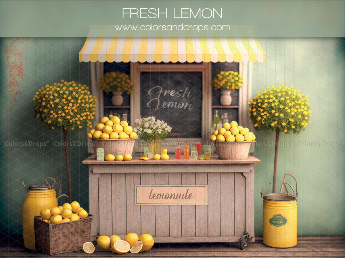 Fondo fotográfico de primavera Fresh Lemon – puesto de limonada con toldo de rayas y limoneros | Colors&Drops