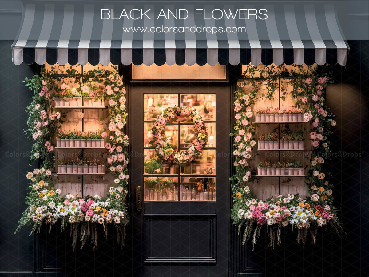 Fond photo de printemps Black and Flowers – façade de boutique noire avec auvent rayé et fleurs | Colors&Drops