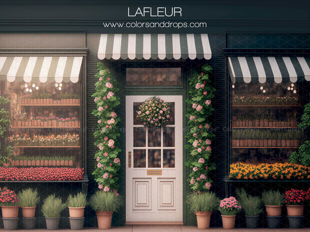 Fondo fotográfico de primavera La Fleur – fachada de floristería con toldos a rayas y puerta blanca | Colors&Drops