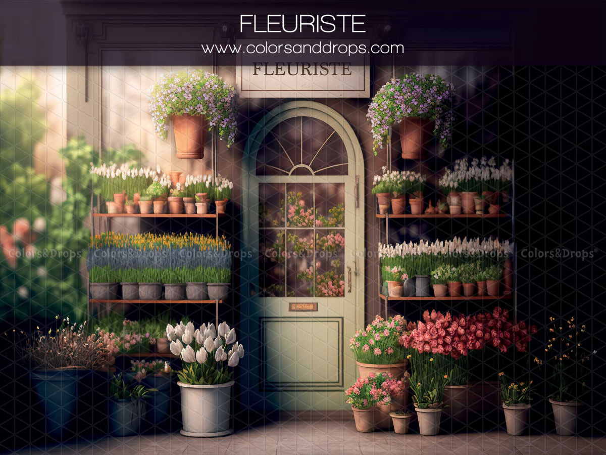 Fondo fotográfico de primavera Fleuriste – fachada de floristería con plantas en macetas y puerta arqueada | Colors&Drops
