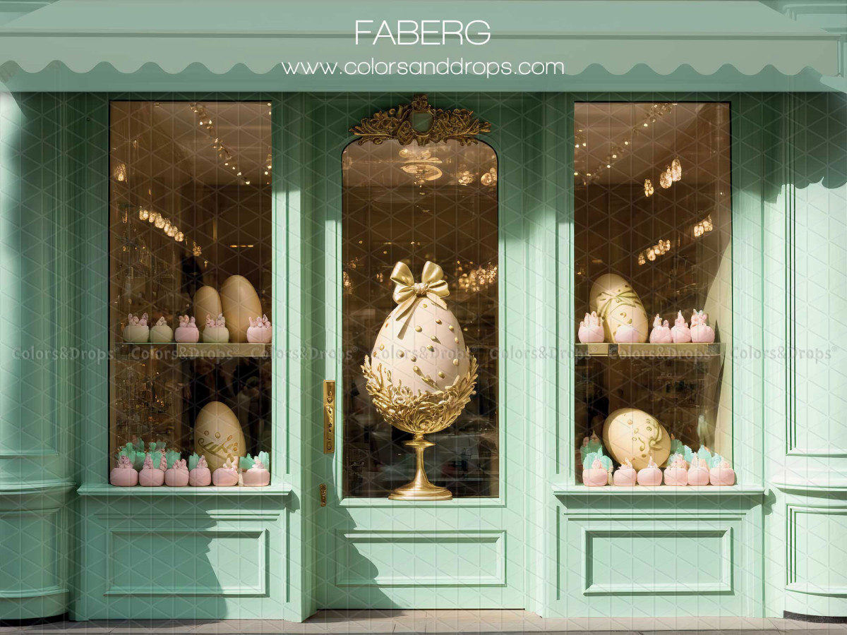 Easter photo backdrop Faberg – mint green pastry shop window with golden Easter eggs | Colors&Drops
