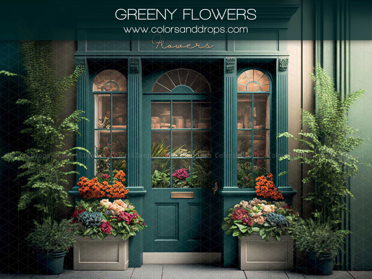 Fond photo de printemps Greeny Flowers – devanture de boutique vert sapin avec plantes et fleurs | Colors&Drops