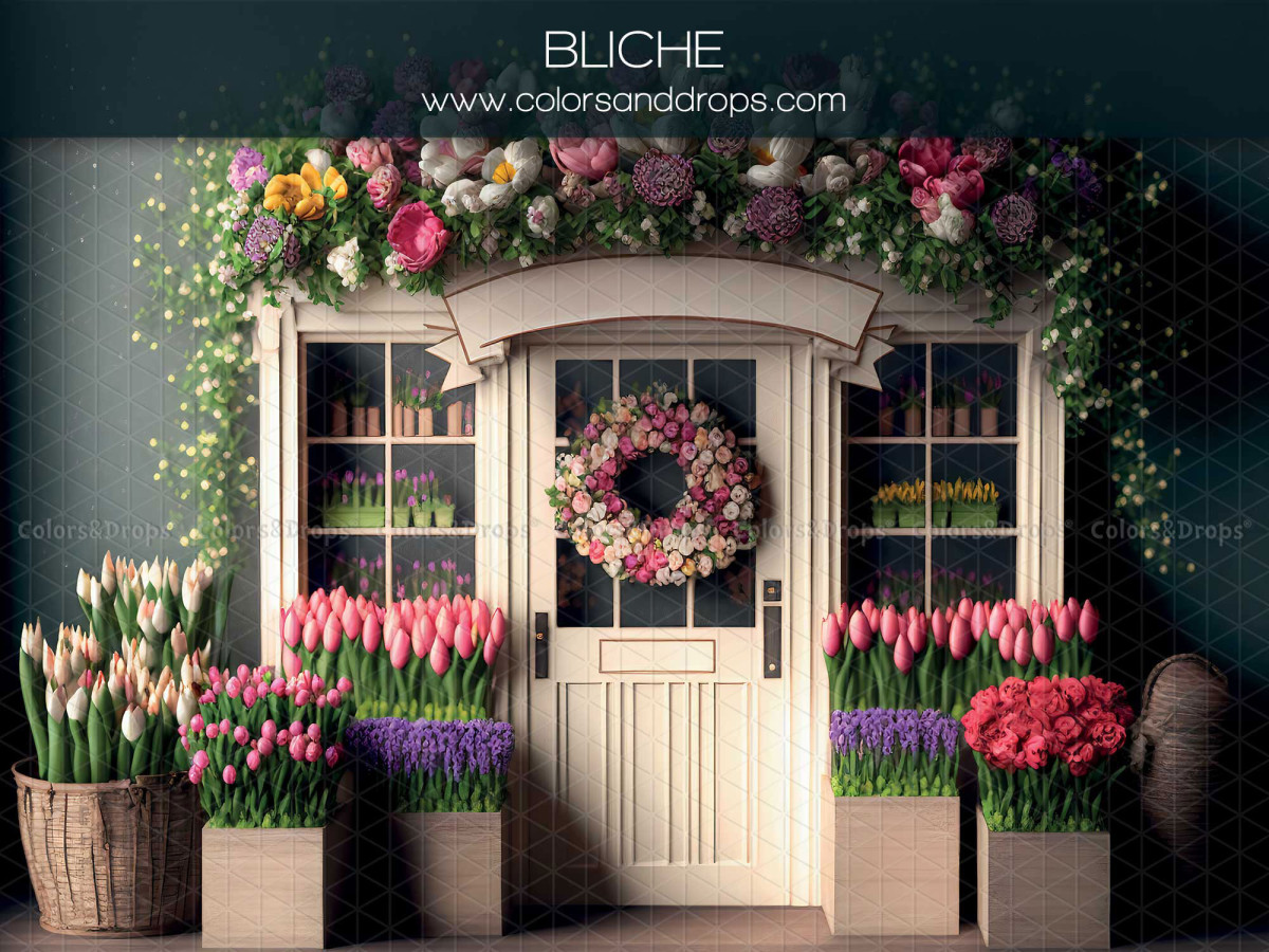 Spring photo backdrop Bliche – flowered shop front with wreath on white door and tulips | Colors&Drops