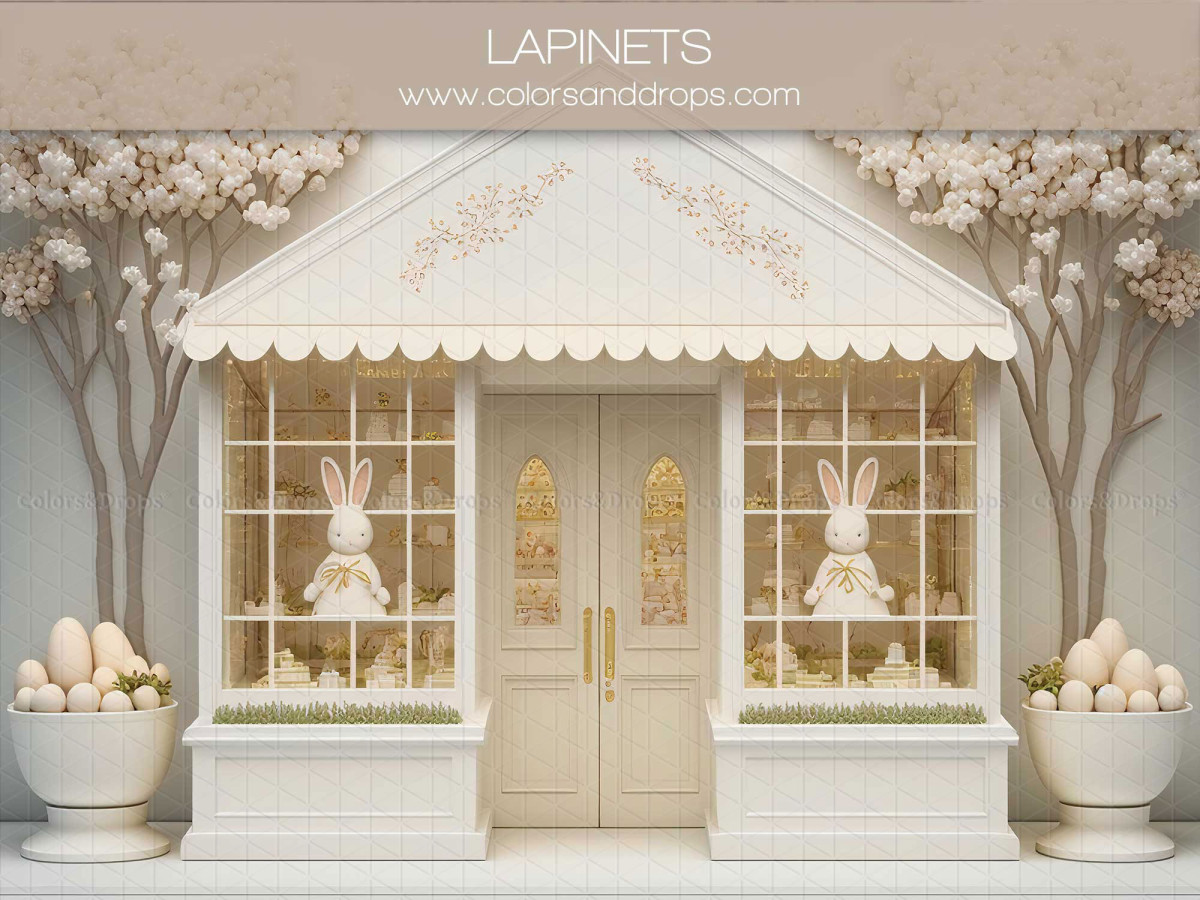 Fond photo de Pâques Lapinets – devanture de boutique crème avec lapins de Pâques en vitrine | Colors&Drops