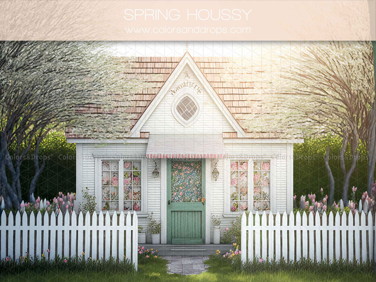 Photo backdrop Spring Houssy – white house with picket fence and blossoming trees | Colors&Drops