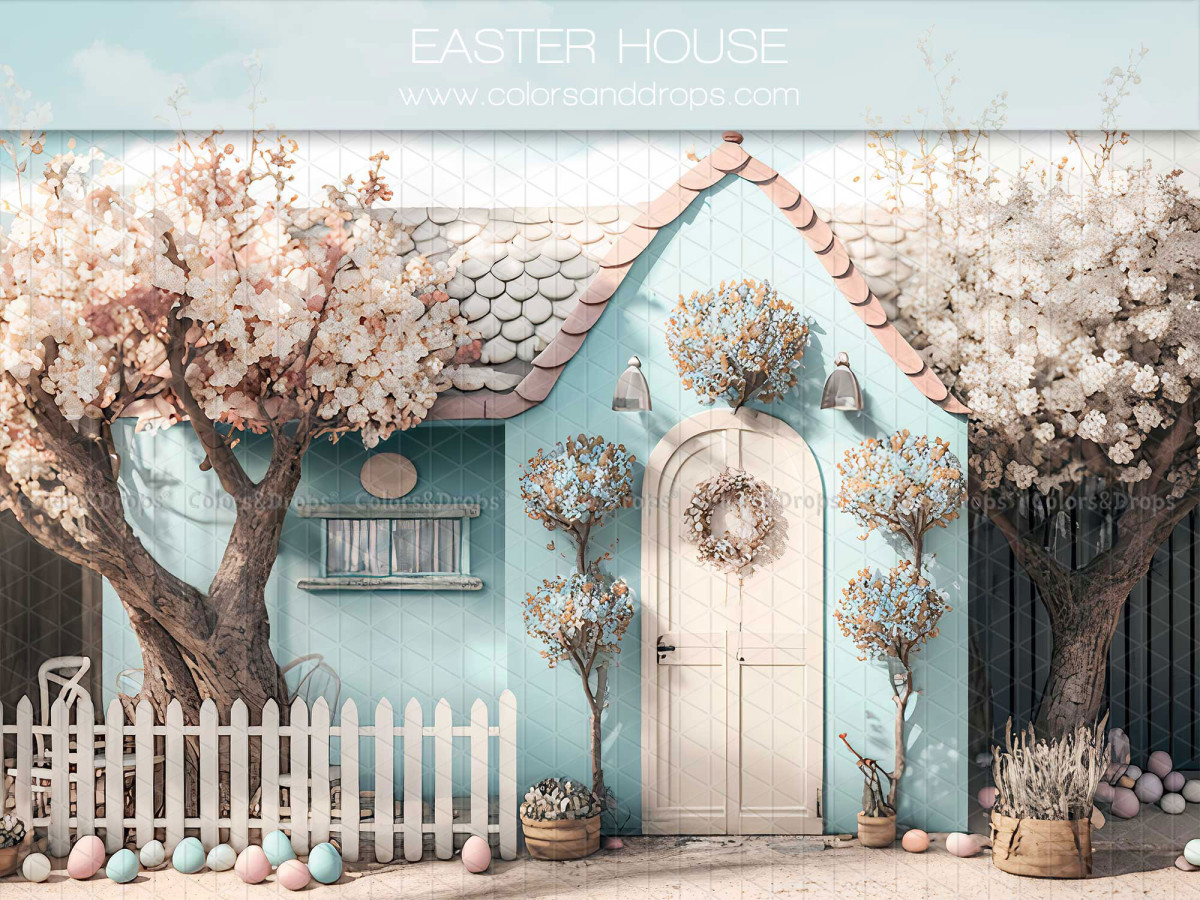 Fond photo de printemps Easter House – maison de Pâques bleu pastel avec cerisiers en fleurs | Colors&Drops