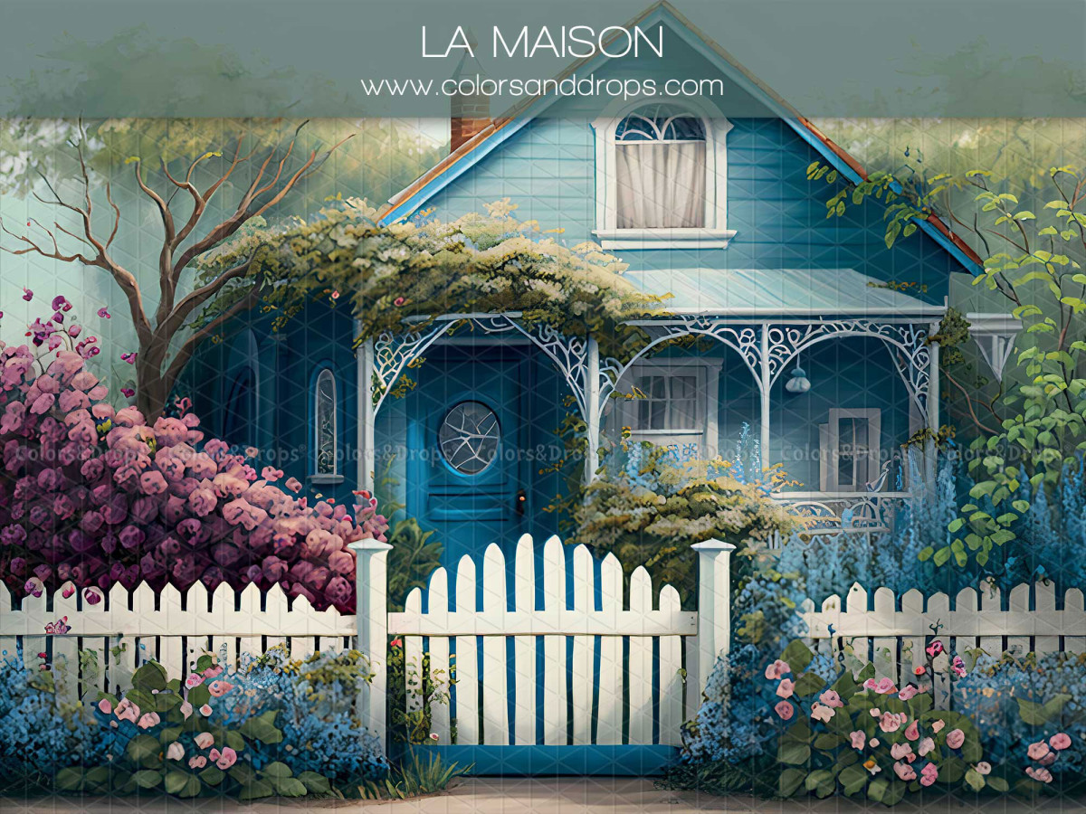 Spring photo backdrop La Maison – blue house with porch, white fence and flowers | Colors&Drops