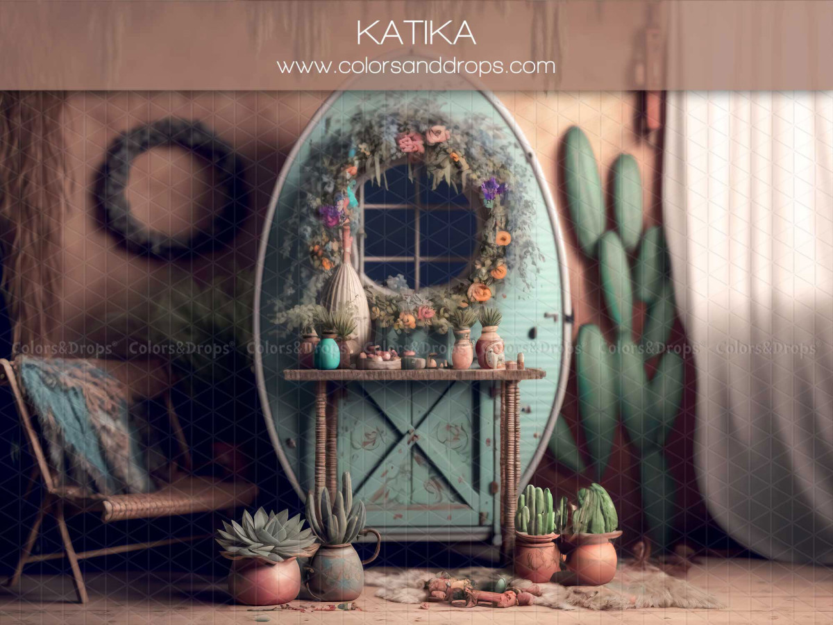 Mother's & Father's Day photo backdrop Katika – bohemian interior with turquoise cabinet, wreath and cacti | Colors&Drops
