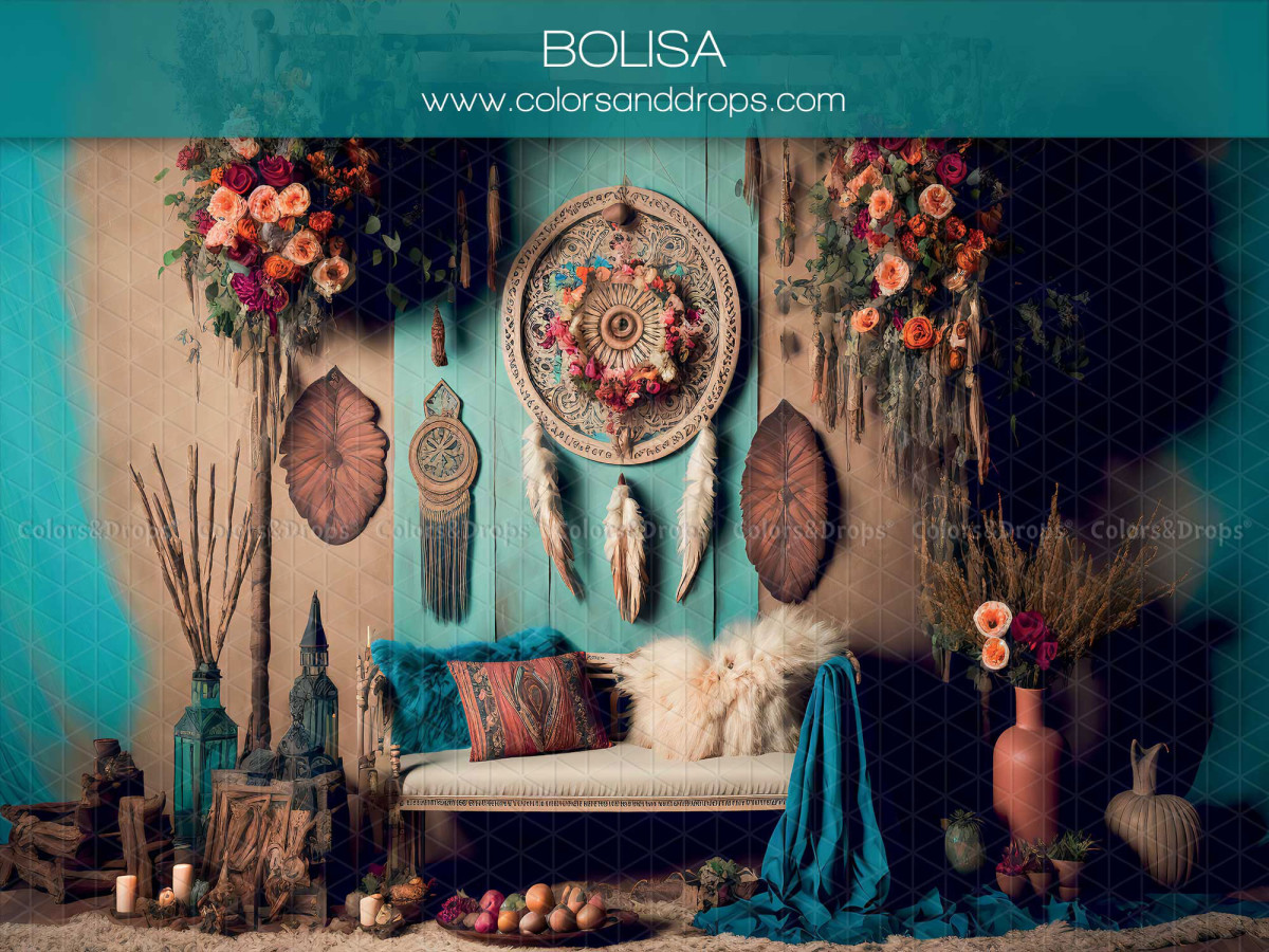 Fondo fotográfico para el Día de la Madre y del Padre Bolisa – interior bohemio turquesa con atrapasueños y banco | Colors&Drops