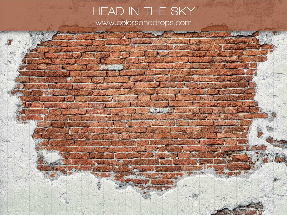 Fondo fotográfico de primavera Head in the Sky – pared de ladrillo rojo sobre enlucido blanco desconchado | Colors&Drops