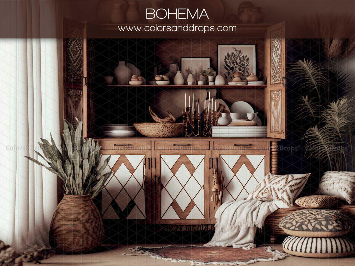 Fond photo fête des mères et des pères Bohema – intérieur bohème avec buffet en bois et vaisselle | Colors&Drops