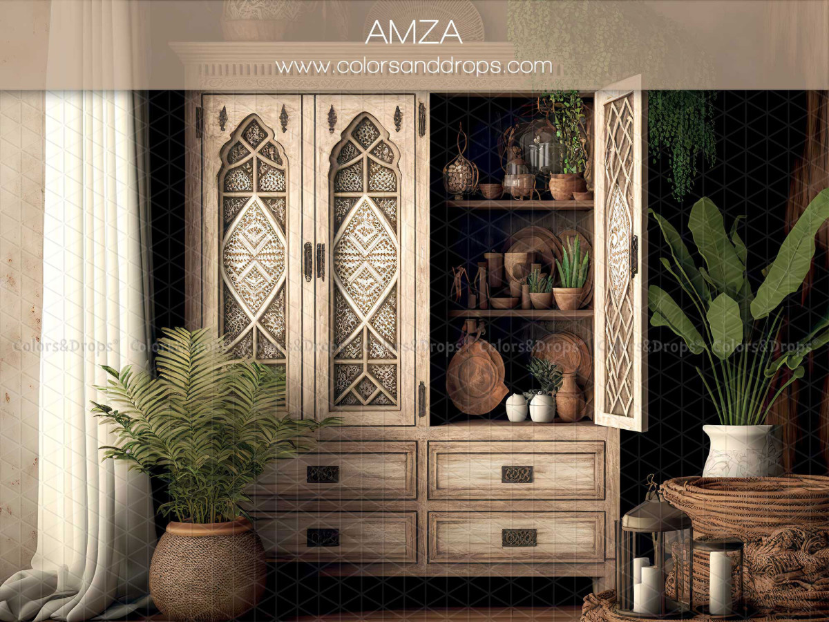Fond photo fête des mères et des pères Amza – intérieur bohème avec vaisselier crème et plantes vertes | Colors&Drops