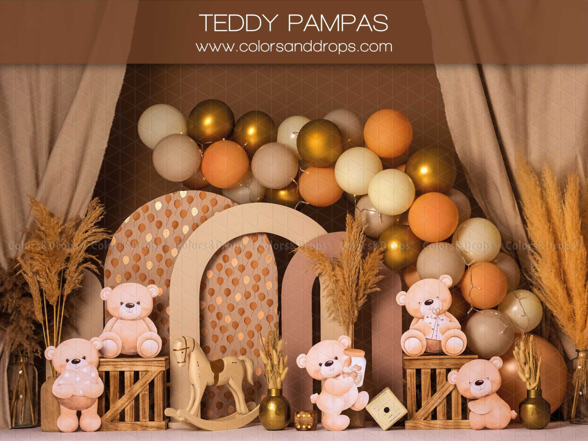 Baby & cake smash photo backdrop Teddy Pampas – teddy bears, balloons and pampas grass in front of arches | Colors&Drops