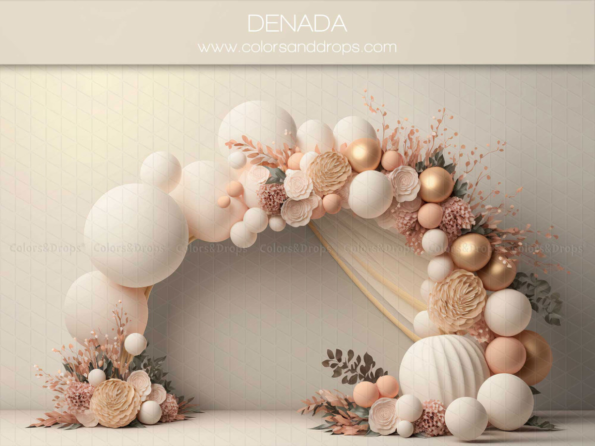Baby & cake smash photo backdrop Denada – white and rose gold balloon arch with feathers | Colors&Drops