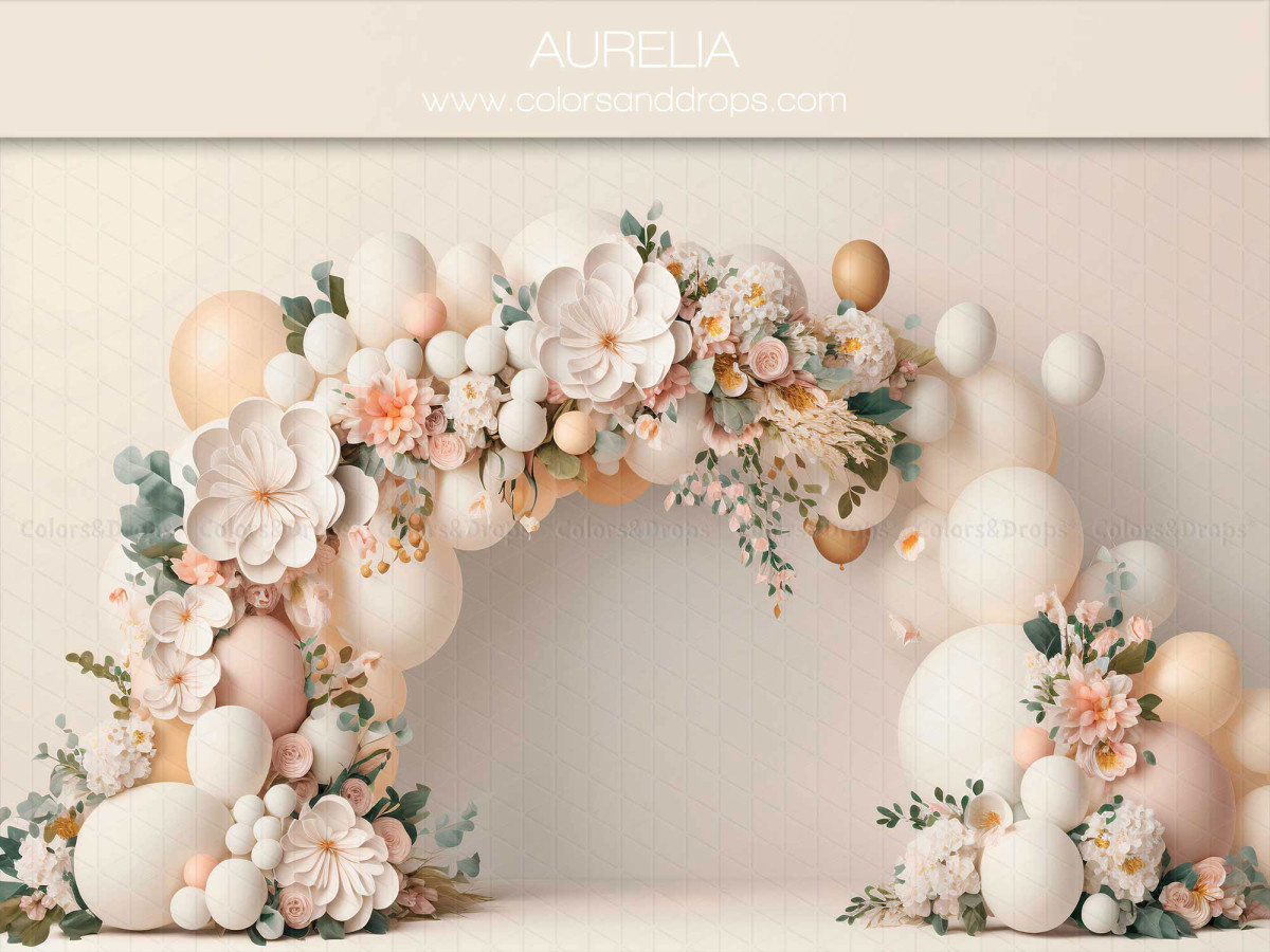 Baby & cake smash photo backdrop Aurelia – peach balloon and flower arch on cream background | Colors&Drops