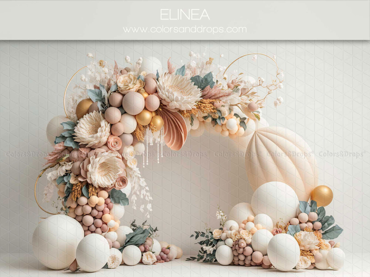 Fondo fotográfico de bebé y smash cake Elinea – arco de globos pastel con flores y abanicos de papel | Colors&Drops
