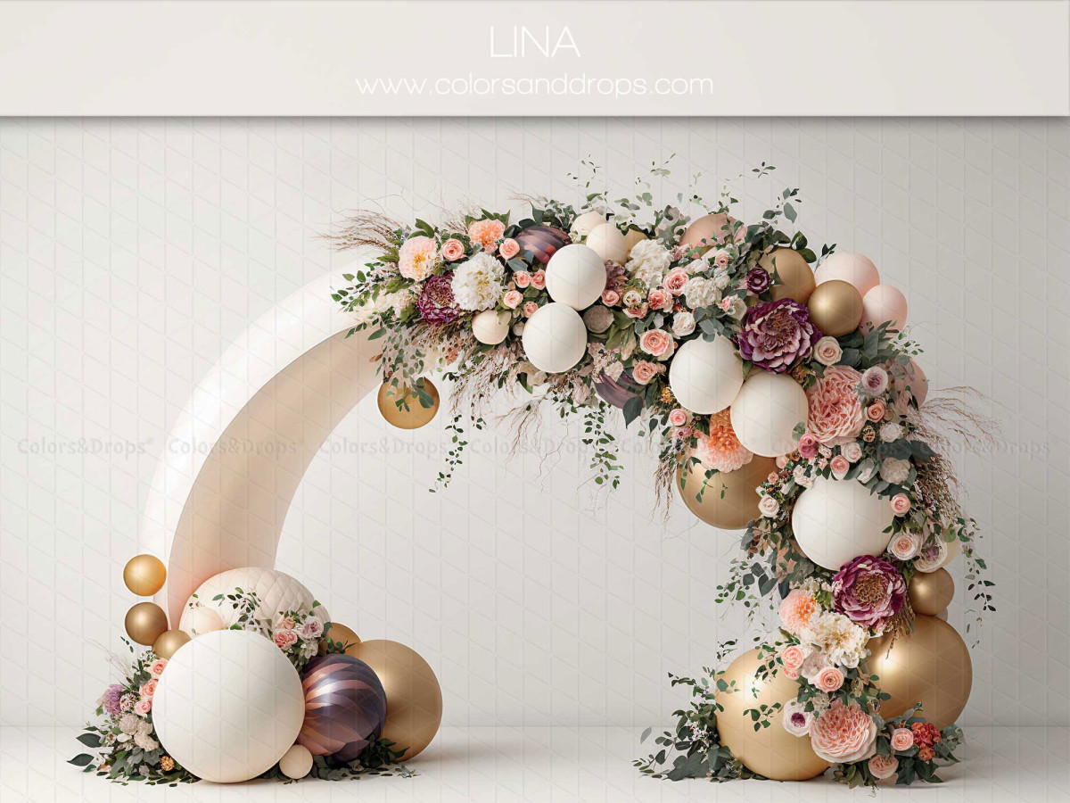 Baby & cake smash photo backdrop Lina – gold and plum balloon arch with pink flowers | Colors&Drops