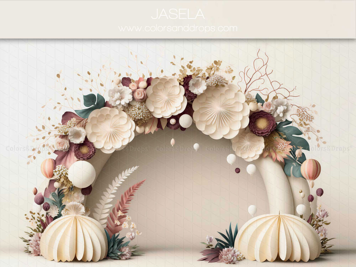 Fond photo bébé et smash cake Jasela – arche de fleurs en papier crème et bordeaux | Colors&Drops