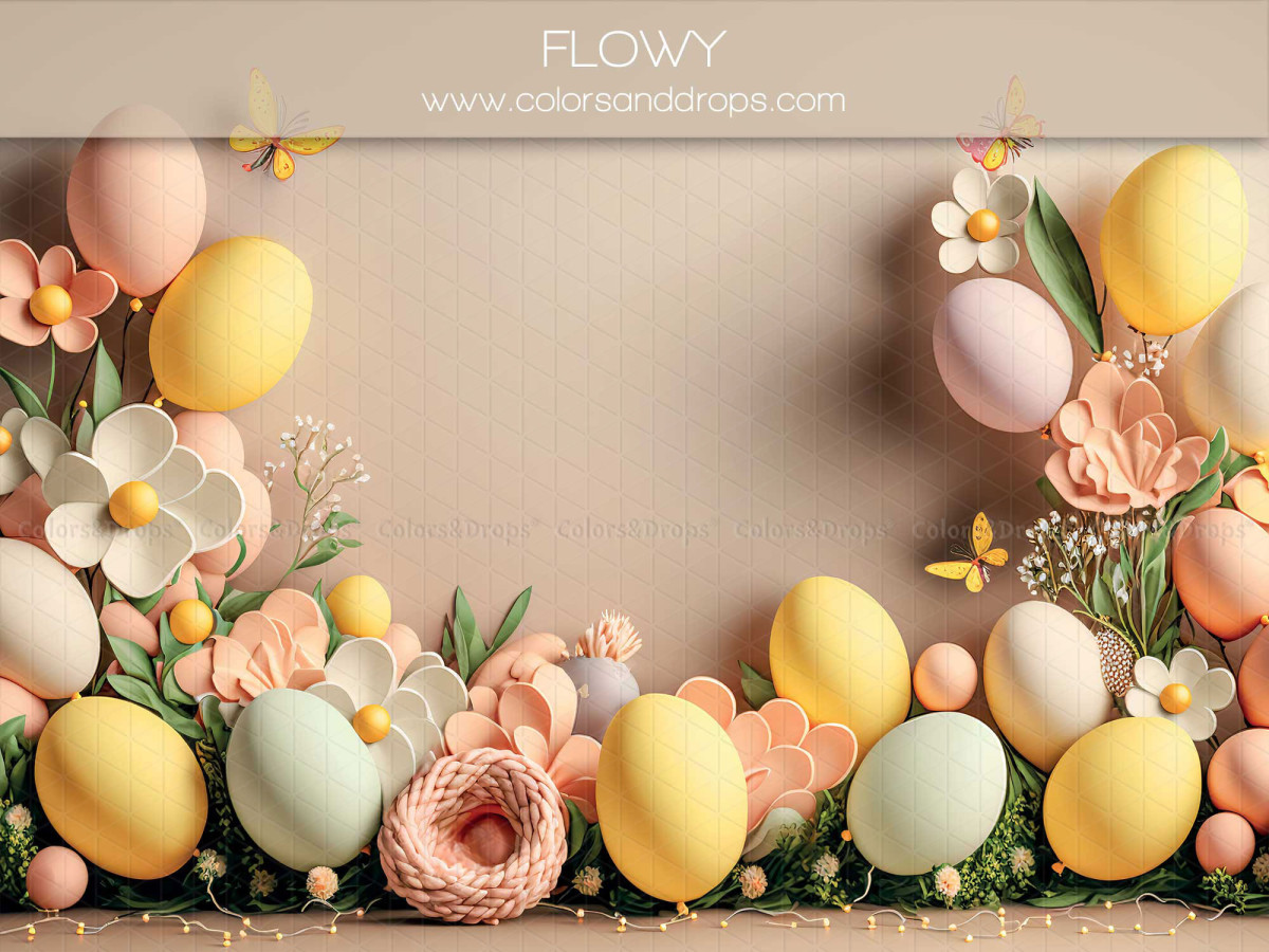 Easter photo backdrop Flowy – giant Easter eggs and pastel flowers background | Colors&Drops