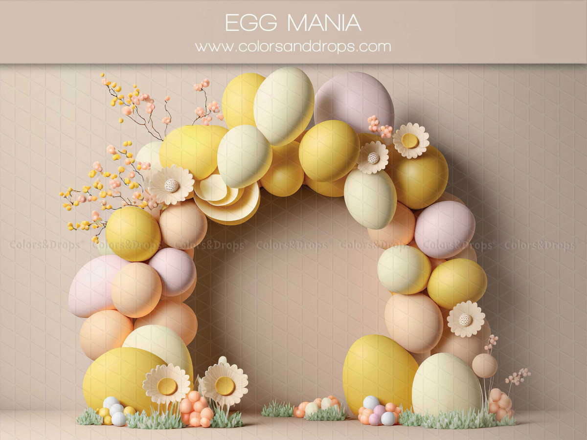Fondo fotográfico de Pascua Egg Mania – arco de huevos de Pascua pastel con margaritas | Colors&Drops