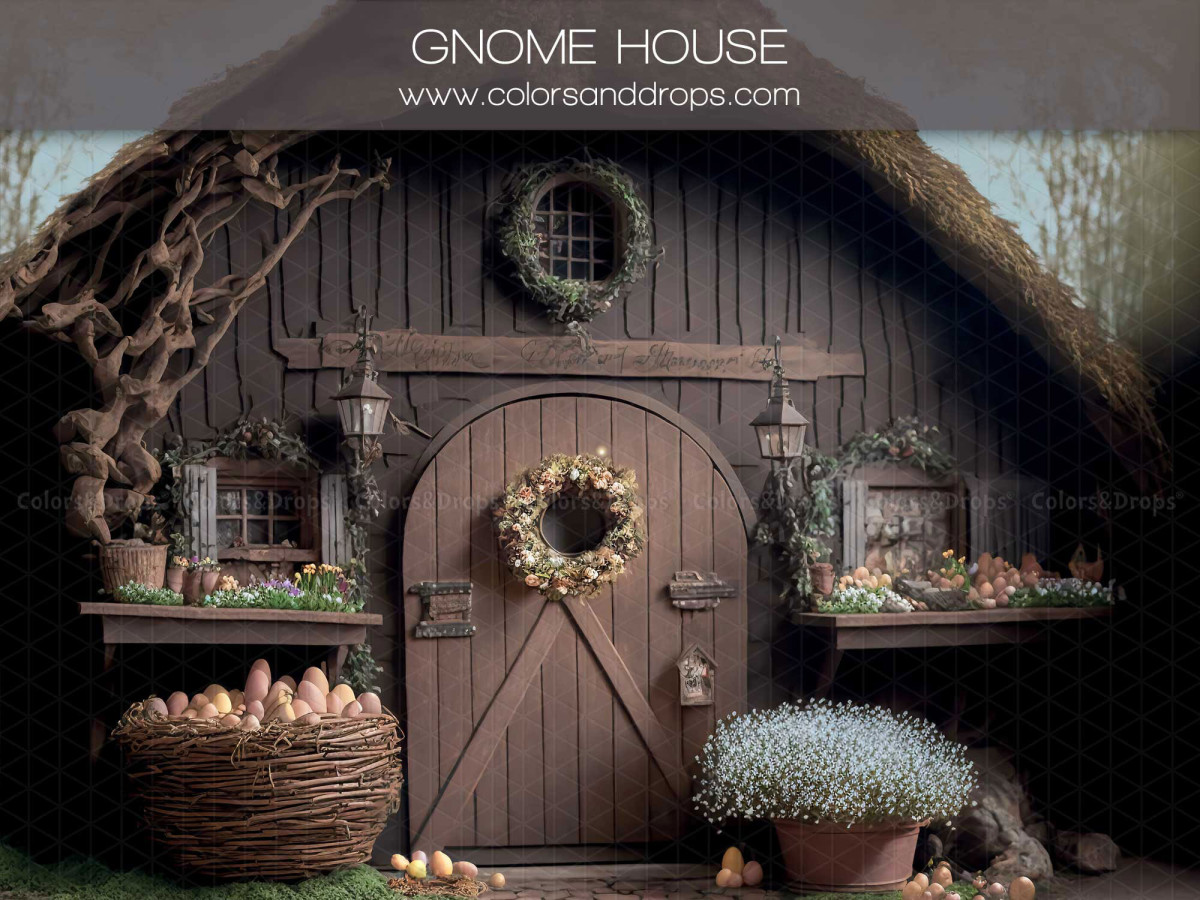 Spring photo backdrop Gnome House – wooden gnome house with round door and wreath | Colors&Drops