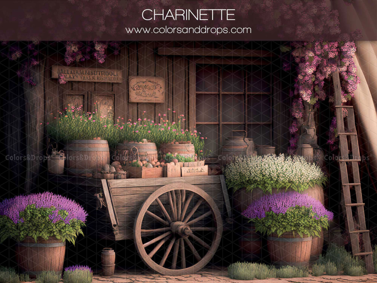 Spring photo backdrop Charinette – wooden facade with cart, wheel and purple flowers | Colors&Drops