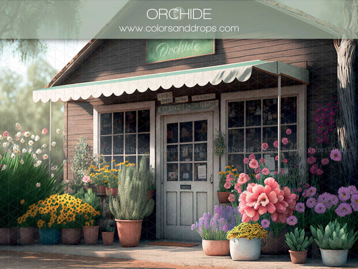 Spring photo backdrop Orchide – flower shed with awning and potted flowers | Colors&Drops