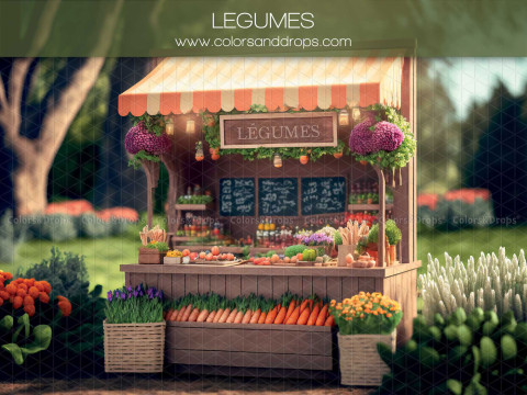 Fondo fotográfico de primavera Legumes – puesto de mercado de verduras con toldo y pizarra | Colors&Drops