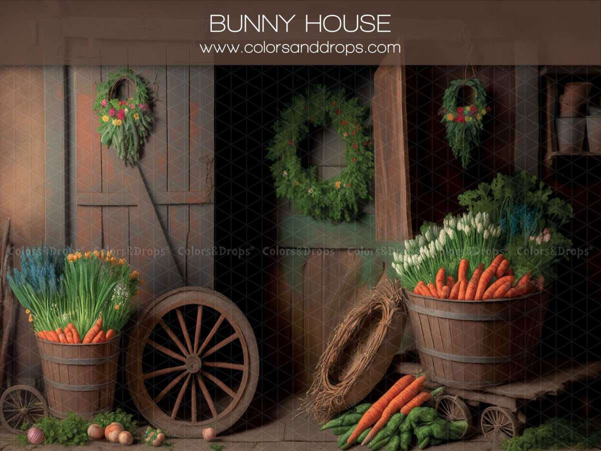 Fondo fotográfico de primavera Bunny House – granero de madera con zanahorias, rueda y corona | Colors&Drops