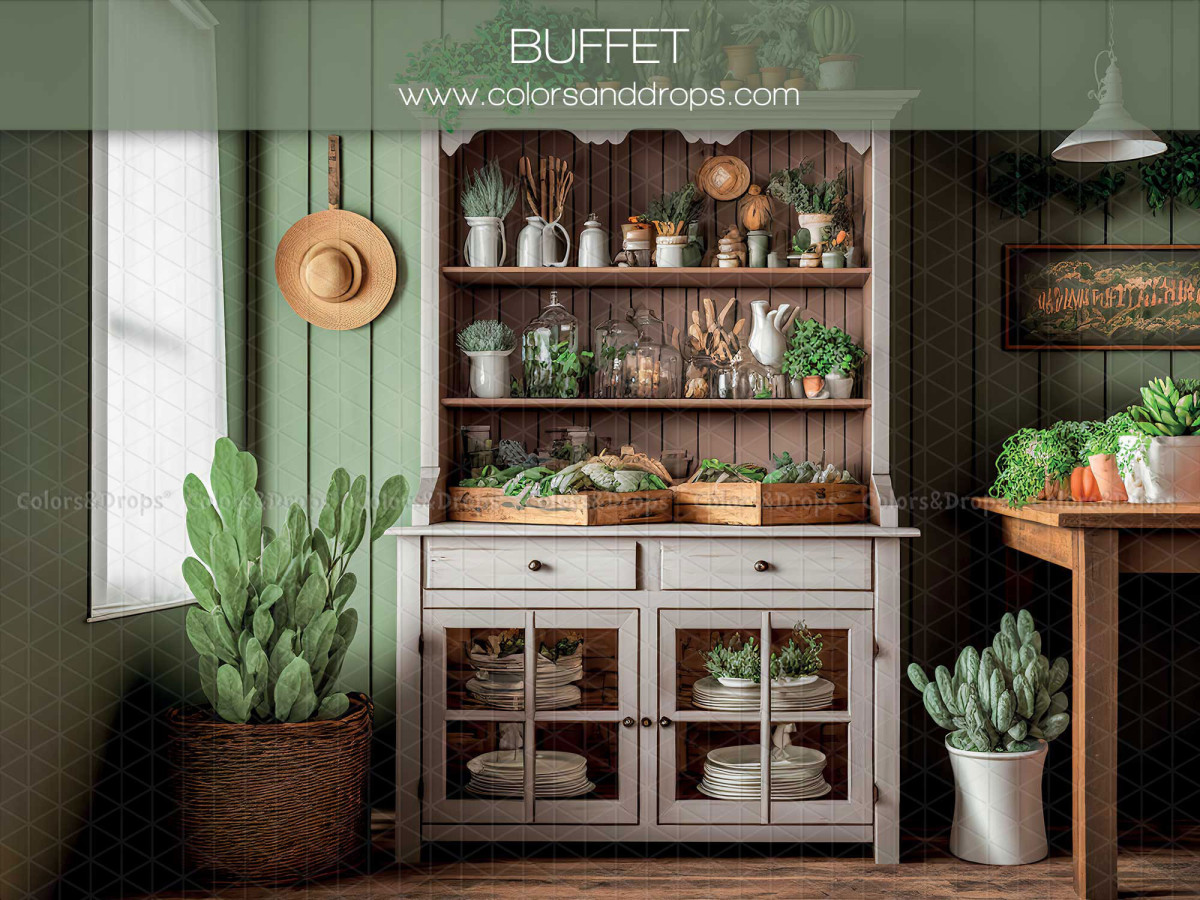 Spring photo backdrop Buffet – cream kitchen hutch with plants and cacti | Colors&Drops