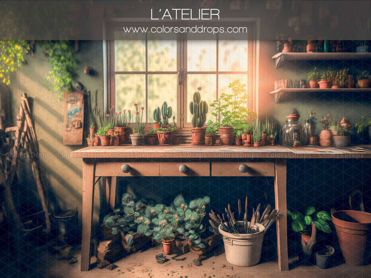 Spring photo backdrop L'Atelier – gardener's workshop with workbench, pots and plants | Colors&Drops