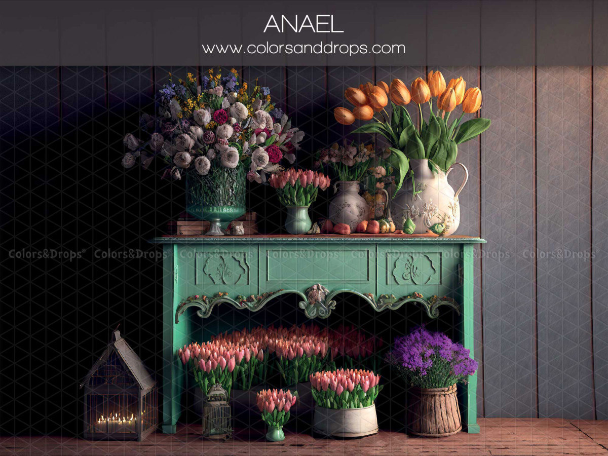 Spring photo backdrop Anael – sea green console with tulip and flower bouquets | Colors&Drops