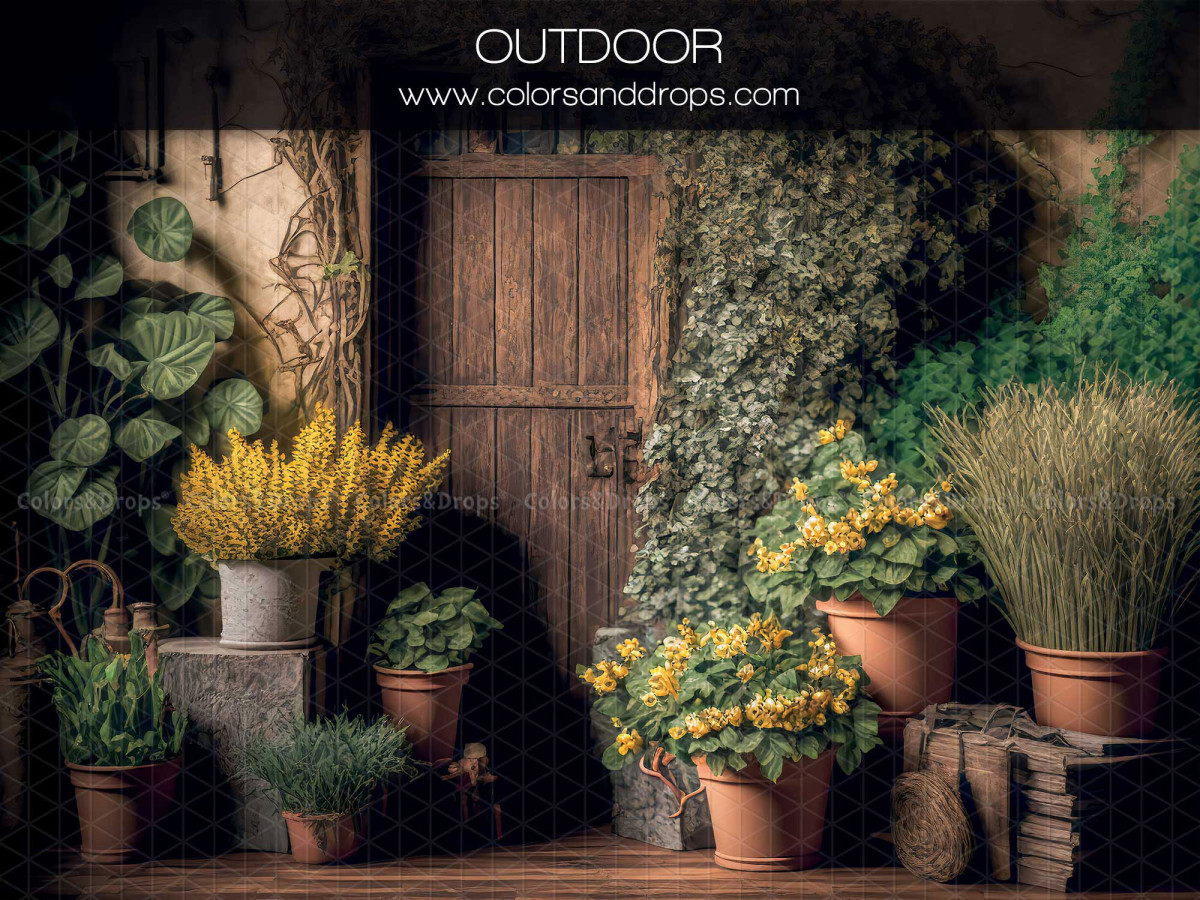 Spring photo backdrop Outdoor – flowered courtyard with wooden door and potted plants | Colors&Drops