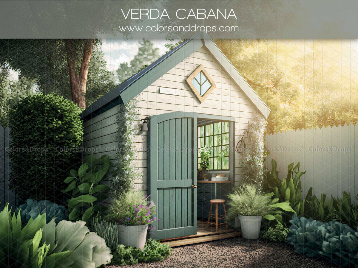 Spring photo backdrop Verda Cabana – grey garden shed with green door and plants | Colors&Drops