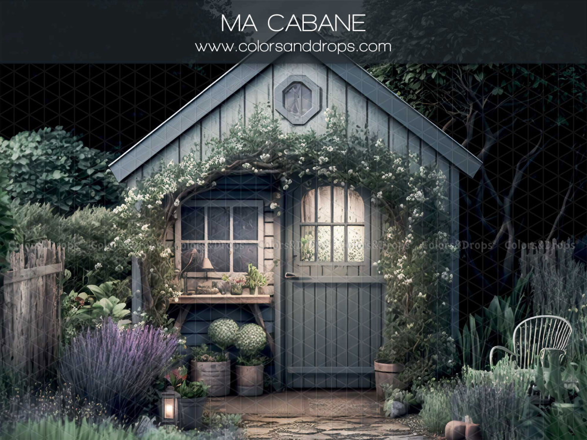 Spring photo backdrop Ma Cabane – blue-grey garden shed at night with lanterns | Colors&Drops