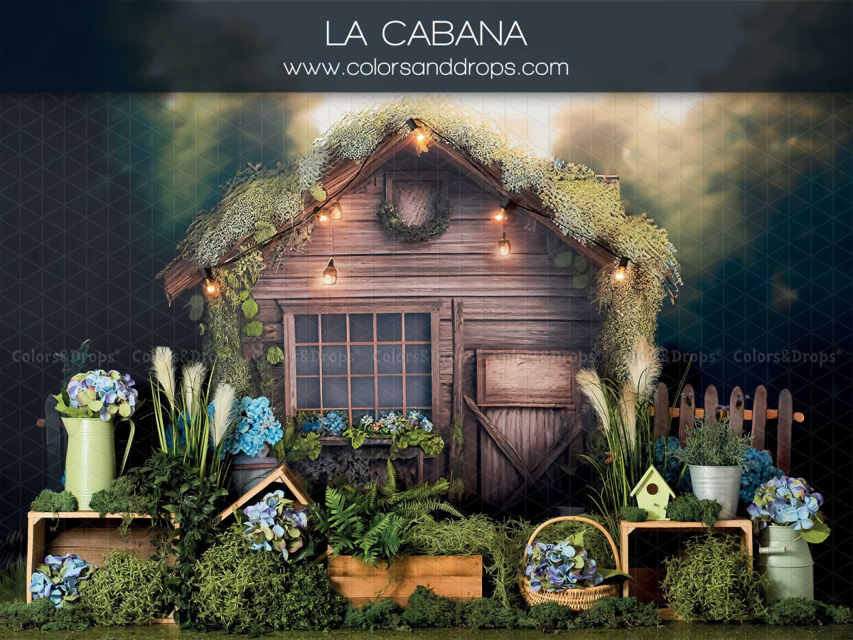 Fondo fotográfico de bebé y smash cake La Cabana – cabaña de madera con guirnalda de luces e hortensias | Colors&Drops