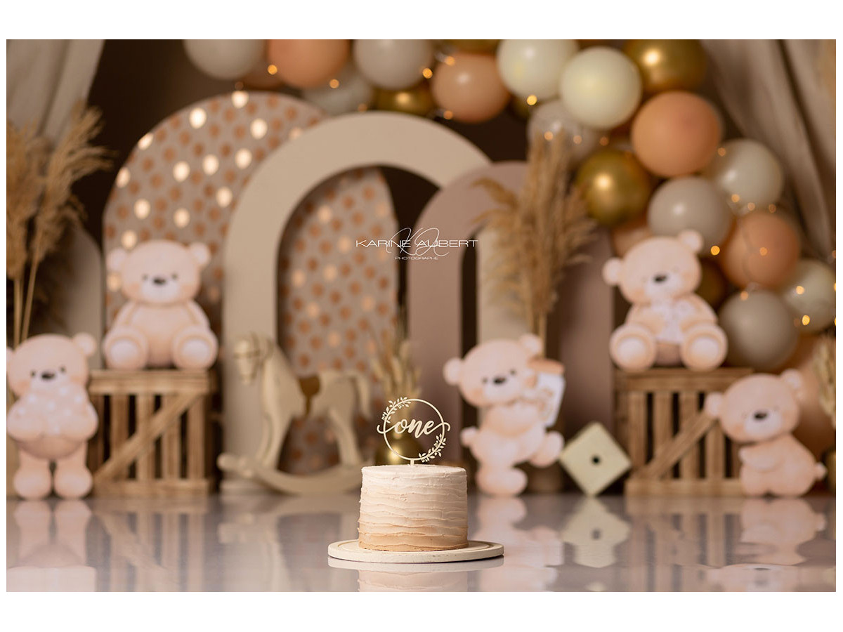 Baby & cake smash photo backdrop Teddy Pampas – teddy bears, balloons and pampas grass in front of arches | Colors&Drops