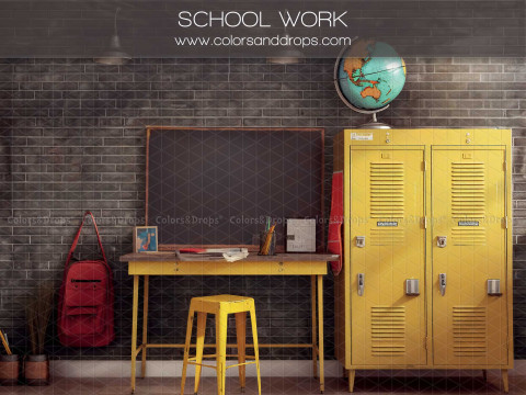 Fondo fotográfico School Work – aula con taquillas amarillas, pupitre y pizarra | Colors&Drops