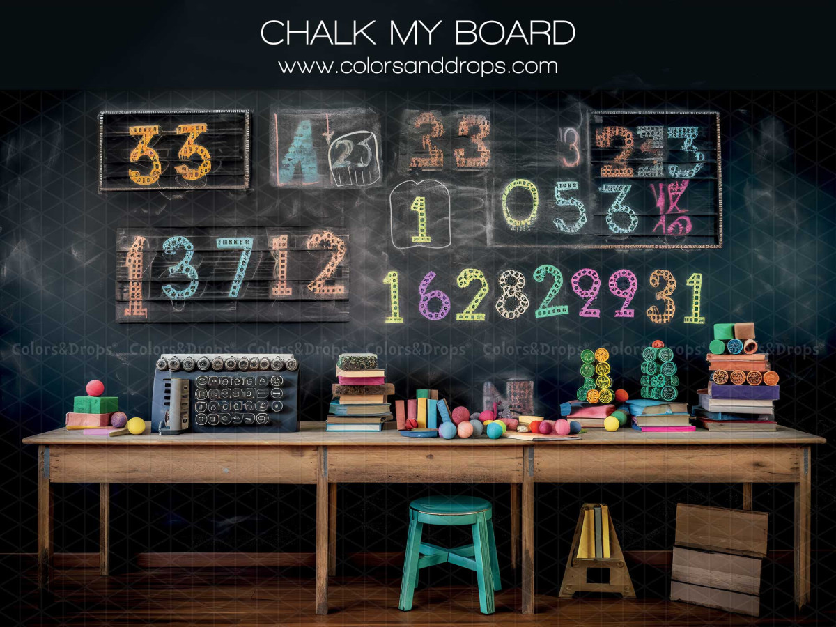 School portrait photo backdrop Chalk My Board – blackboard with colourful numbers and school desk | Colors&Drops
