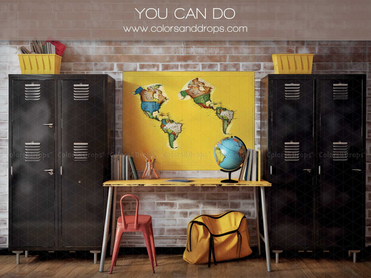 School portrait photo backdrop You Can Do – classroom with black lockers and yellow world map | Colors&Drops