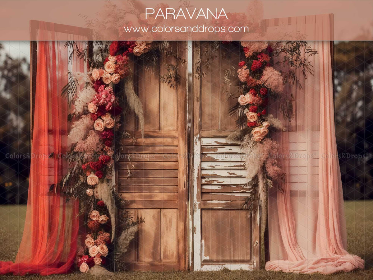 Mother's & Father's Day photo backdrop Paravana – old wooden doors with pink drapes and flowers | Colors&Drops