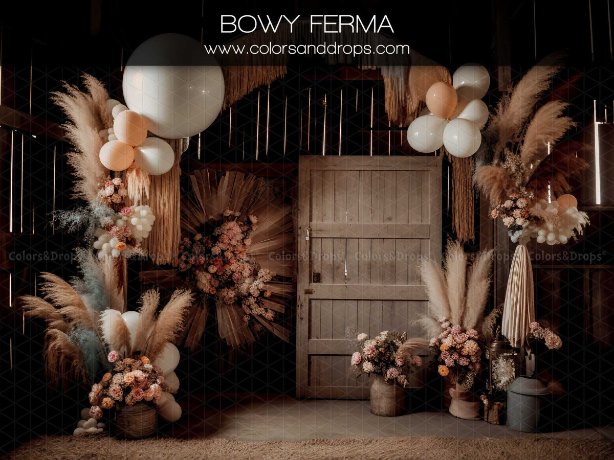 Fond photo fête des mères et des pères Bowy Ferma – grange sombre avec porte en bois, ballons et pampa | Colors&Drops