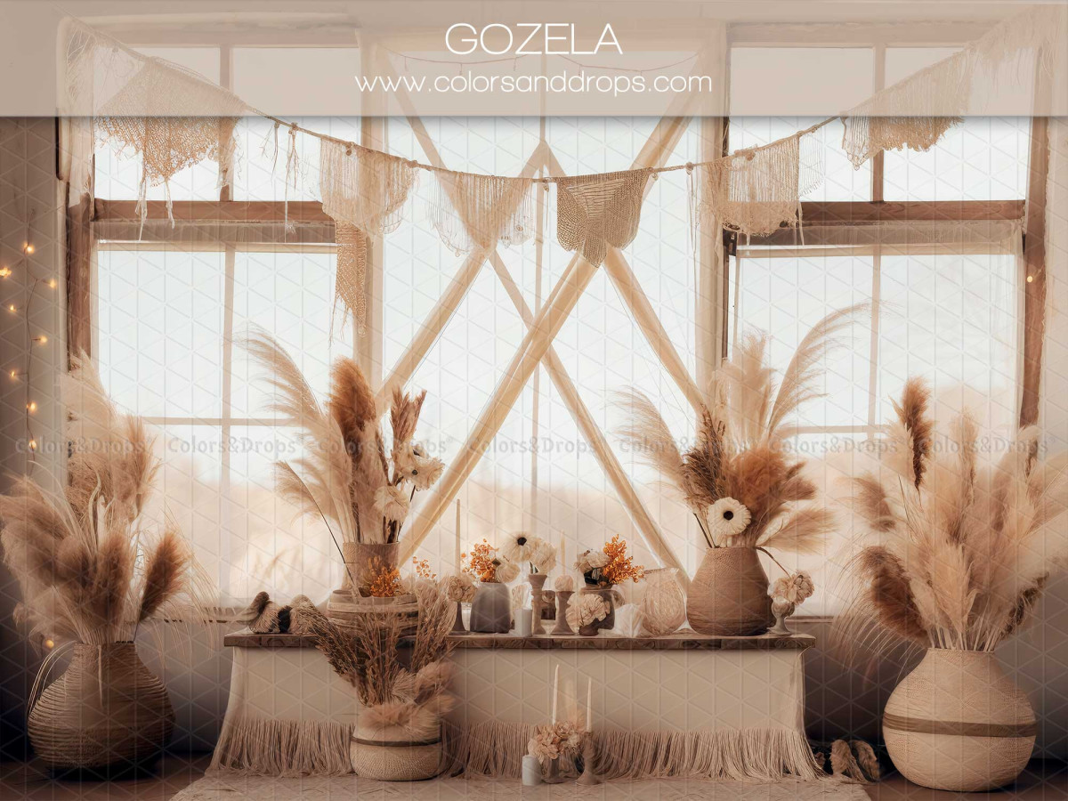 Mother's & Father's Day photo backdrop Gozela – boho window with bunting, pampas grass and vases | Colors&Drops