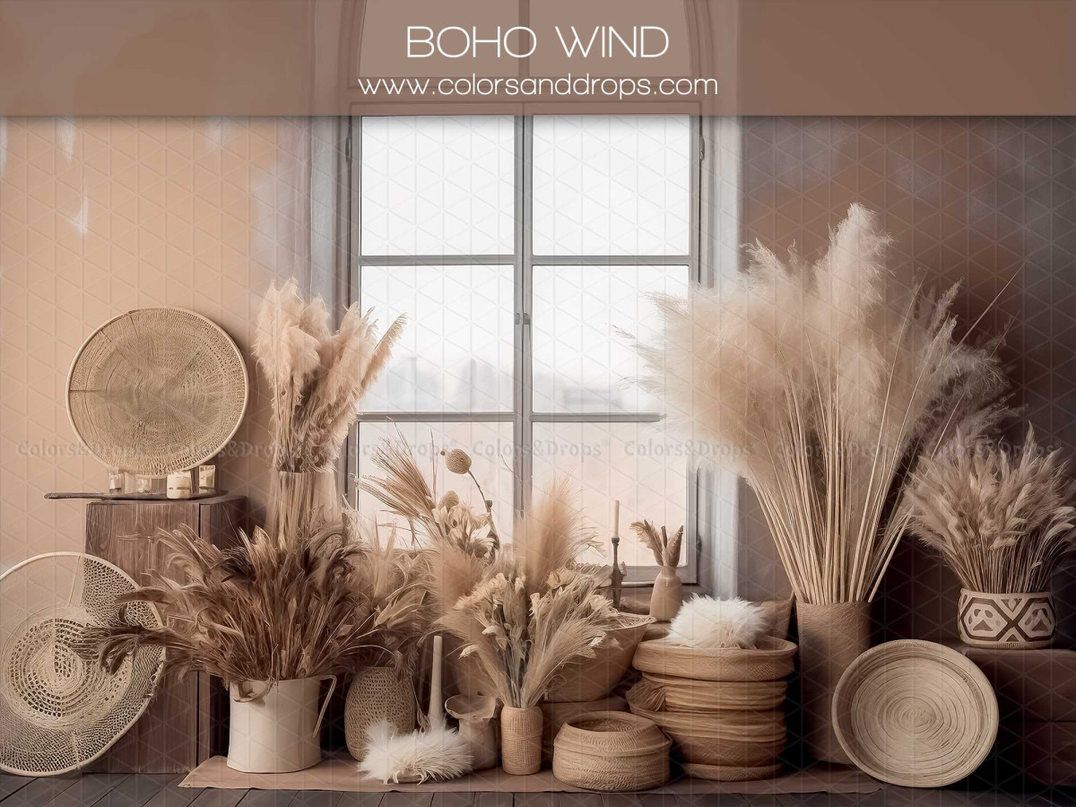 Mother's & Father's Day photo backdrop Boho Wind – boho set with window, pampas grass and woven baskets | Colors&Drops